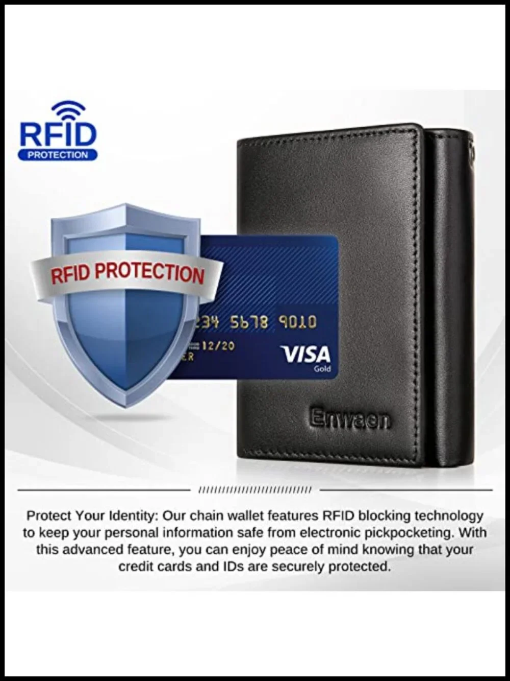 Genuine Leather Trifold Wallet with Chain RFID Blocking Anti-Theft for Men